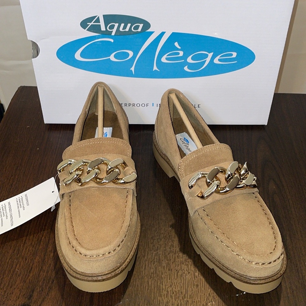 Aqua Collège Sand Suede Loafers | Waterproof Chain Detail | Luxe Comfort